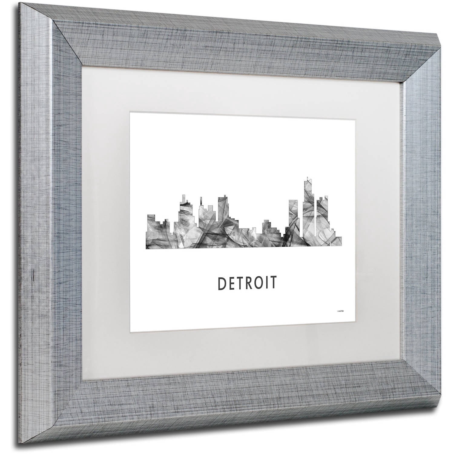 Trademark Fine Art 'Detroit Michigan Skyline WB-BW' Canvas Art by Marlene Watson, White Matte, Silver Frame