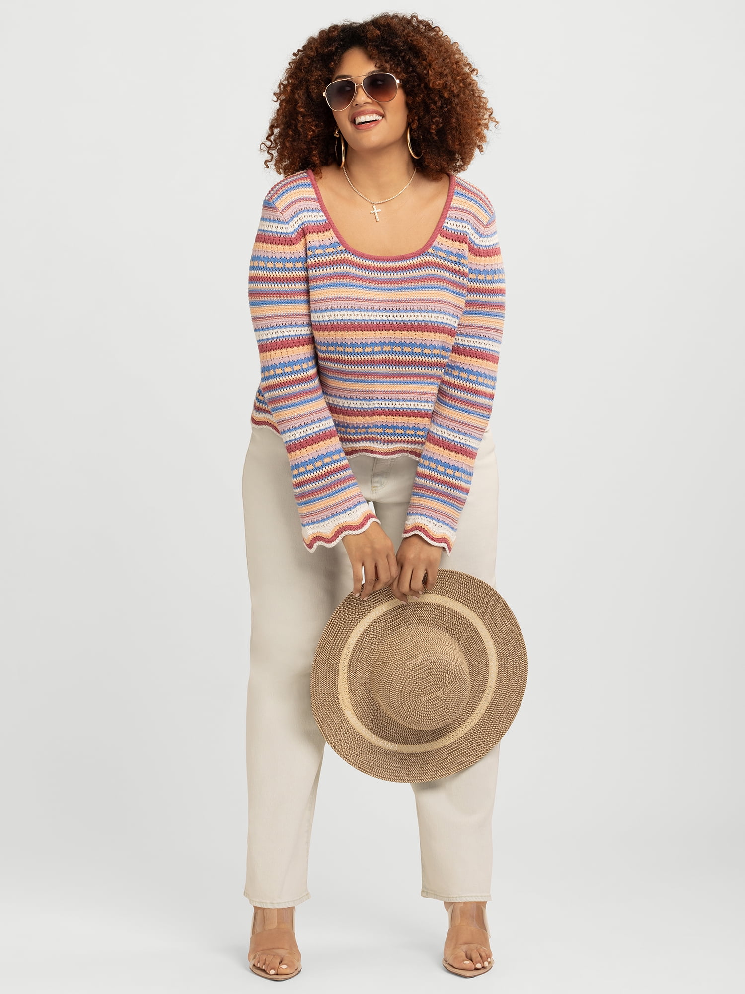 Jessica Simpson Women's Lilianna Cotton Pointelle Sweater with Long Sleeves, Lightweight, Sizes XS-X4