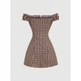 thumbnail image 2 of Coffee Brown Plaid Off Shoulder Slim-Fit Mini Dress For Women, 2 of 6