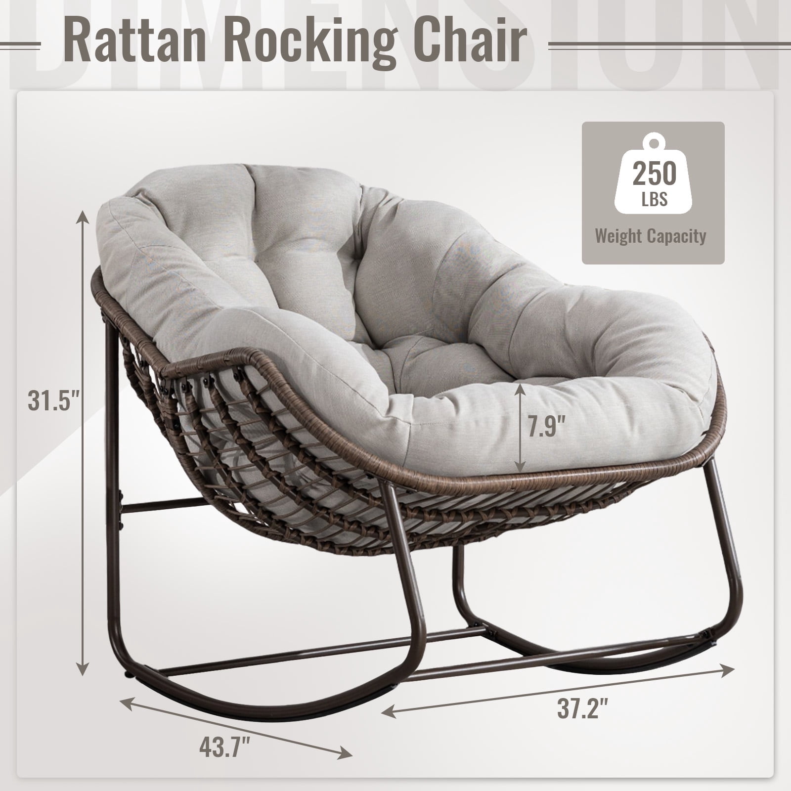 Indoor/Patio Rocking Chair, Oversized Rattan Egg Chair with Steel Frame & Padded Cushion