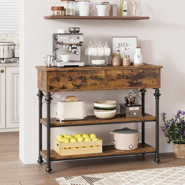 IdeaHouse Entryway Table with Drawers and Storage Shelves, Narrow Console Table for Behind Sofa, Rustic Brown Small Entry Table with Metal Frame, Farmhouse Industrial Foyer Table