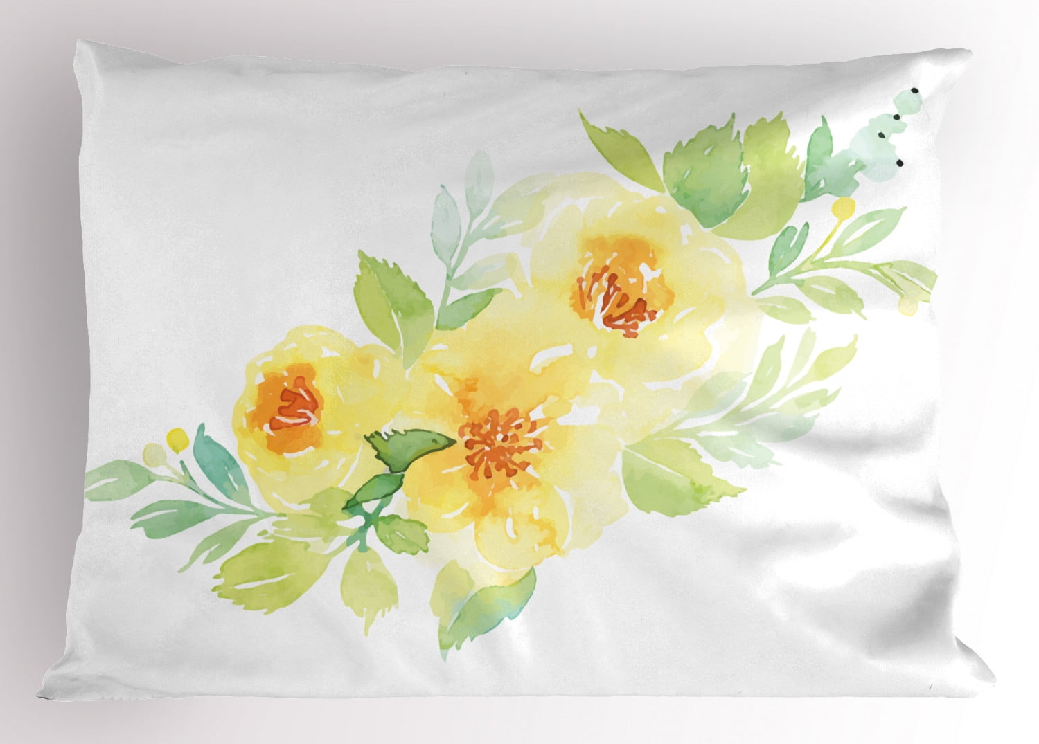 Garden Pillow Sham, Nature Illustration with Watercolors Petals of the Spring Season, Decorative Standard Queen Size Printed Pillowcase, 30 X 20 Inches, Orange Pale Yellow Pale Green, by Ambesonne
