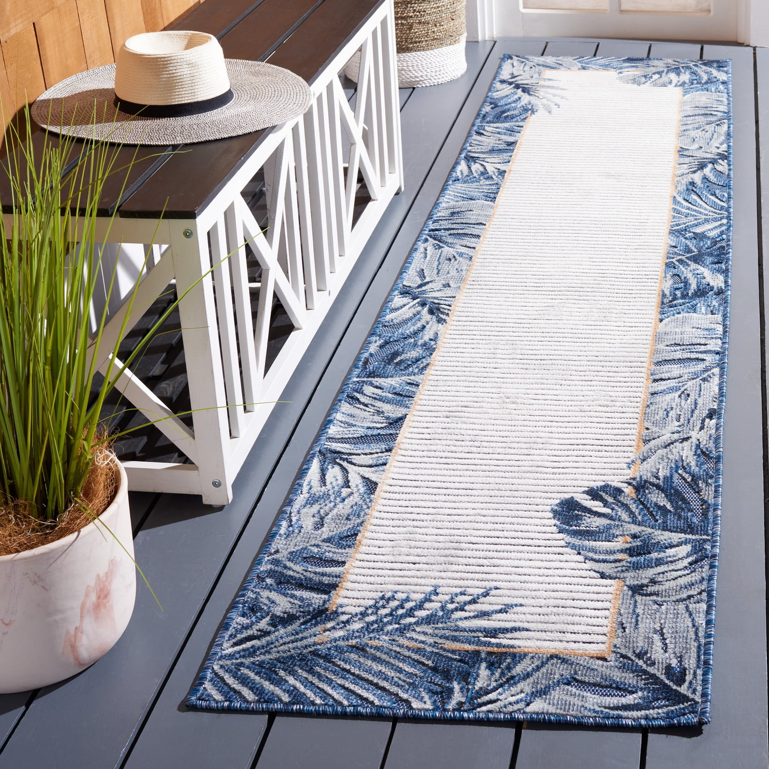 SAFAVIEH Cabana Elvina Botanical Indoor/Outdoor Runner Rug, Ivory/Navy, 2' x 10'