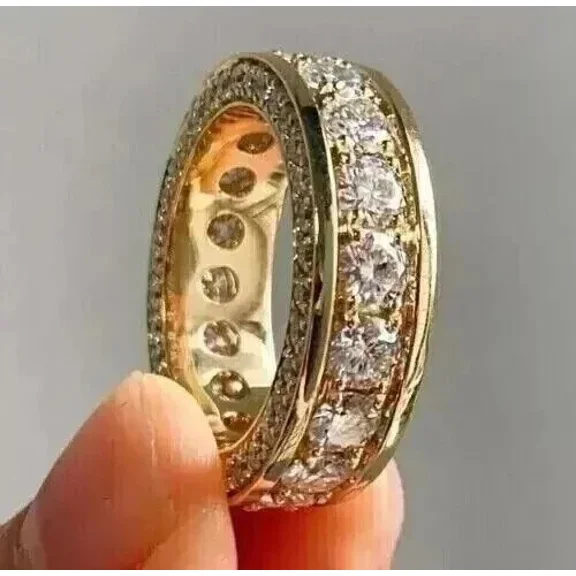 Omjewels 2.00Ct Round Cut Real Moissanite Eternity Wedding Band 14K Yellow Gold Plated