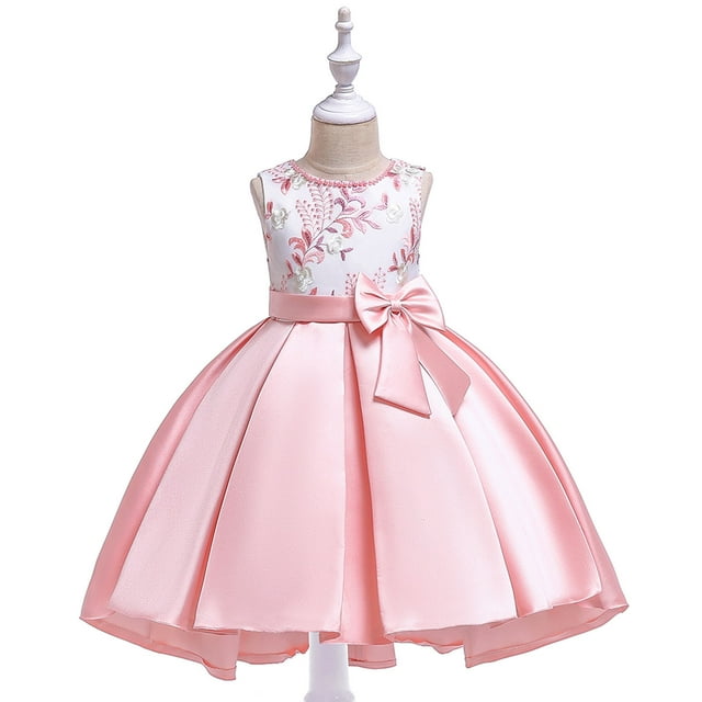 VKOYWKM Robes de Demoiselle d'Honneur pour Enfants Mariage Robe de Princesse Sans Manches Broderie Florale Robe de Fête Formelle Longue avec Nœud Papillon