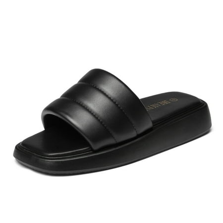 

DREAM PAIRS Women Square Open Toe Slides Platform Flat Quilted Slip on Sandals