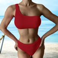 thumbnail image 3 of Guiexla 2Pcs/Set One Shoulder Full Cup Pleated Wave Bikini Set Women Bandeau Bra High Waist Briefs Swimsuit Beachwear, 3 of 8