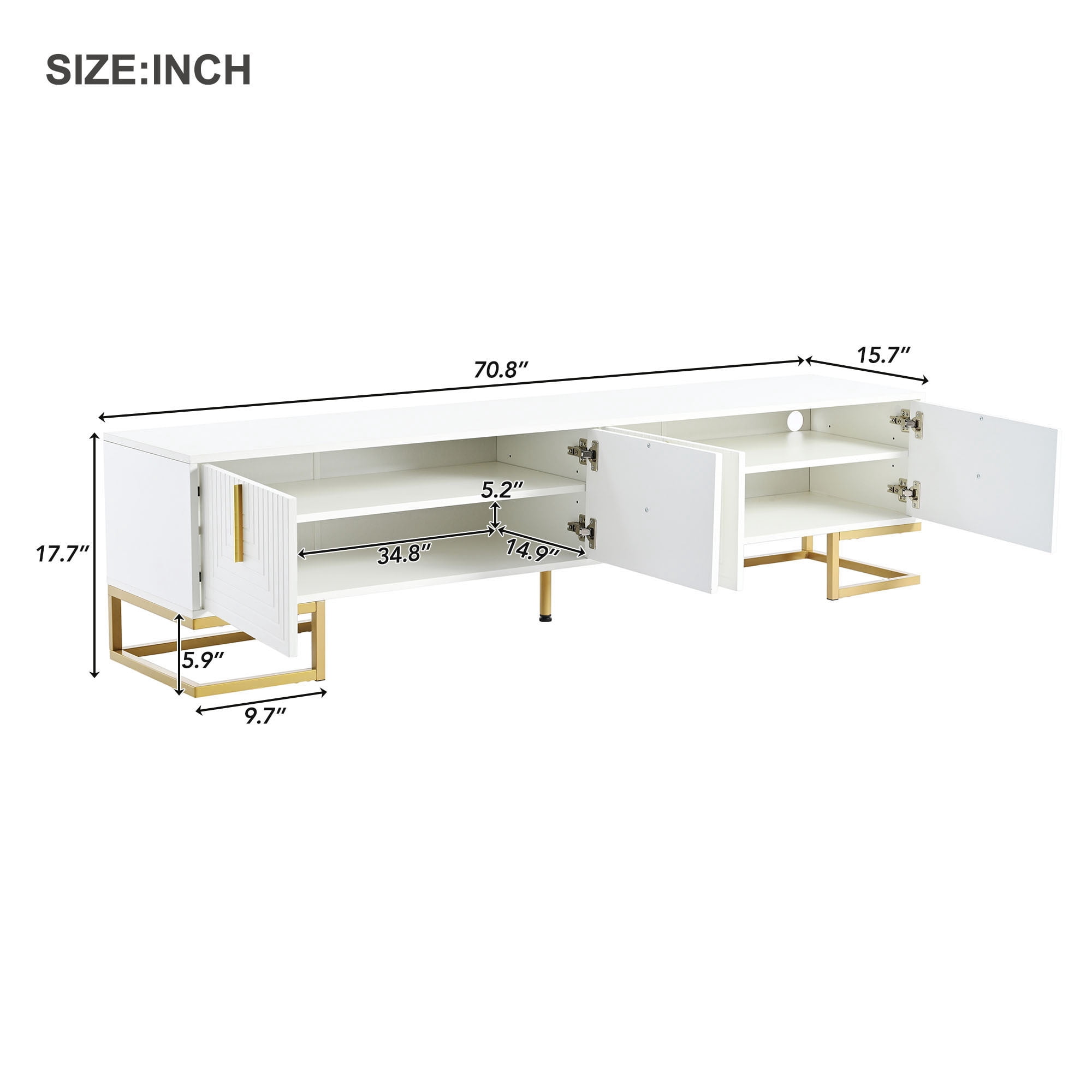 Euroco TV Stand Up to 80" Television, Media Console Table MDF, 4‑Door Storage, Gold Legs