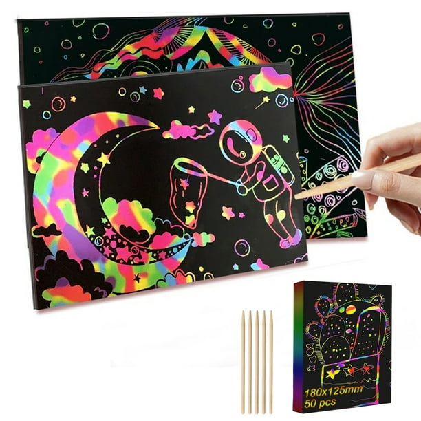 Juguetes de piscina, juguetes para bebés, juguetes para niños pequeños, juego de 50 piezas de papel para rascar para niños, kits de manualidades con 5 notas de madera para niños y niñas.