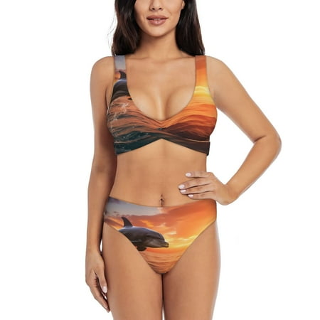 Zeuib Sunset Dancing Dolphin B High Waisted Tummy Control Bikini Set - Knot Front Push Up Top & Cheeky Thong Bottom  Two-Piece Swimsuit for Women-Large