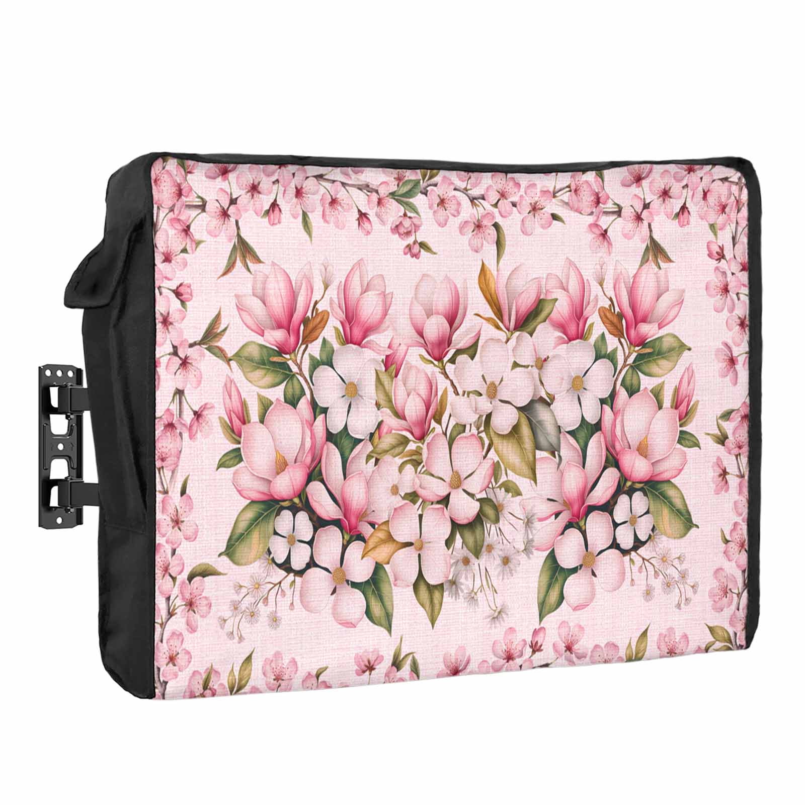 Pink Magnolia Waterproof Outdoor TV Cover, Spring Floral Leaf Botanical Farmhouse Outside Weatherproof TV Enclosures for 60 to 65 Inch LCD Television Shield Flat Screen Protectors