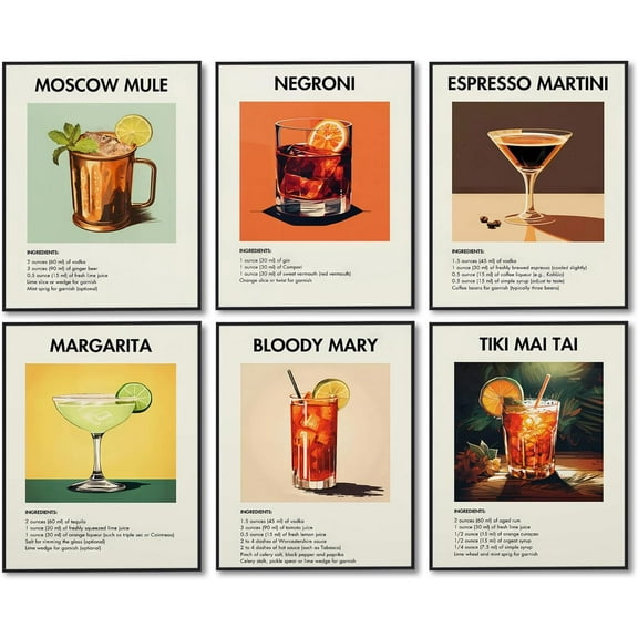 set of 6 Retro Cocktail Wall Art Bar Cart Decor Poster (Pastel, 8x10in Poster, Unframed)