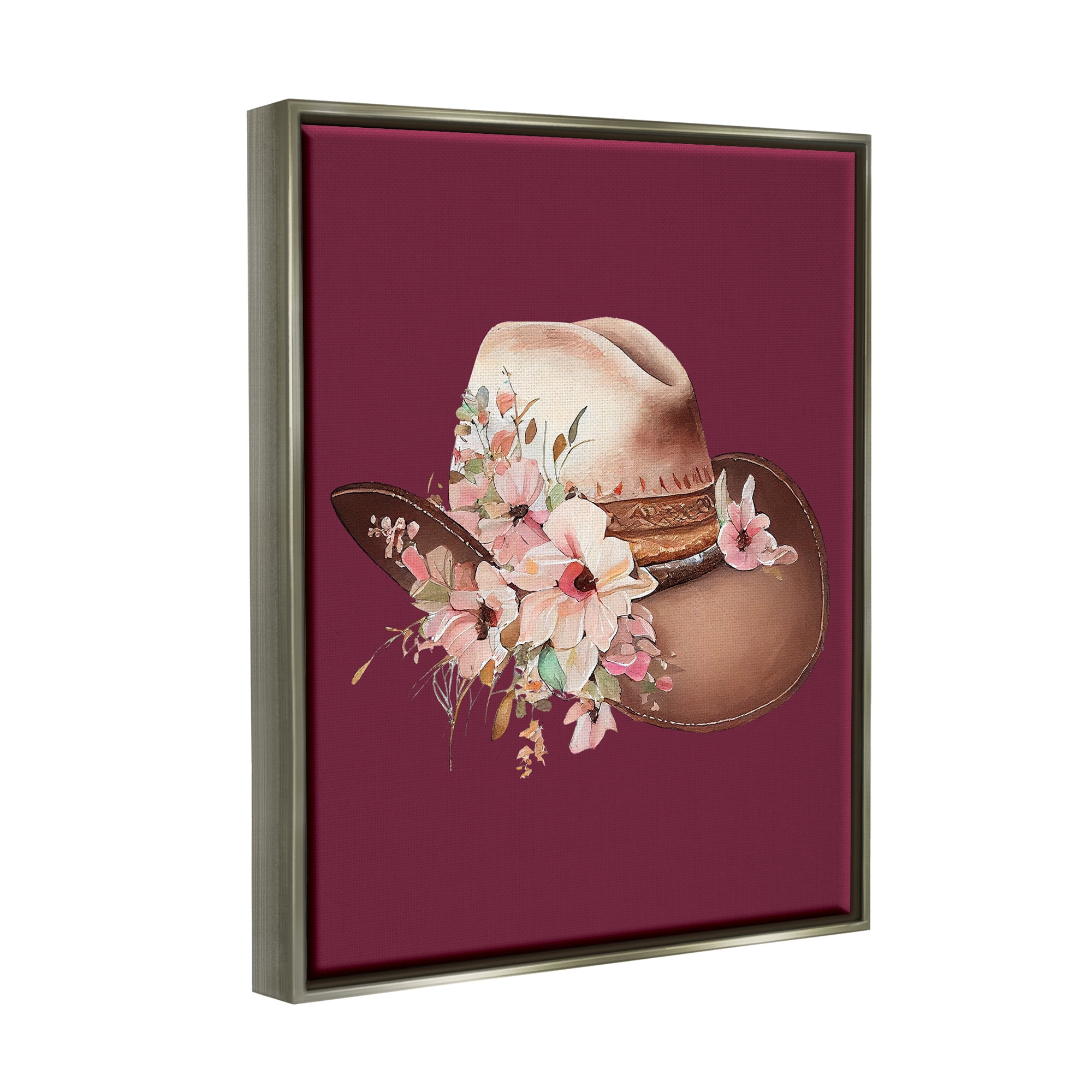 Stupell Industries Cowgirl Hat on Burgundy Botanical & Floral Painting Gray Floater Framed Canvas Art Print Wall Art, 17 x 21