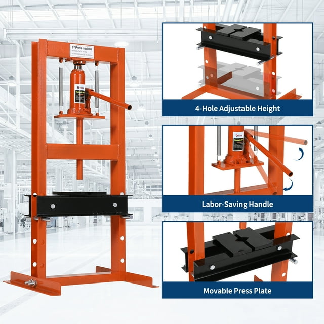 GloryStar Presse Hydraulique d'Atelier Réglable, Presse à Roulements de Plancher de Garage à Cadre en H avec Plaques d'Estampage pour Courbure, Redressement, Pièces de Pressage, Installation de Roulements et d'Articulations en U
