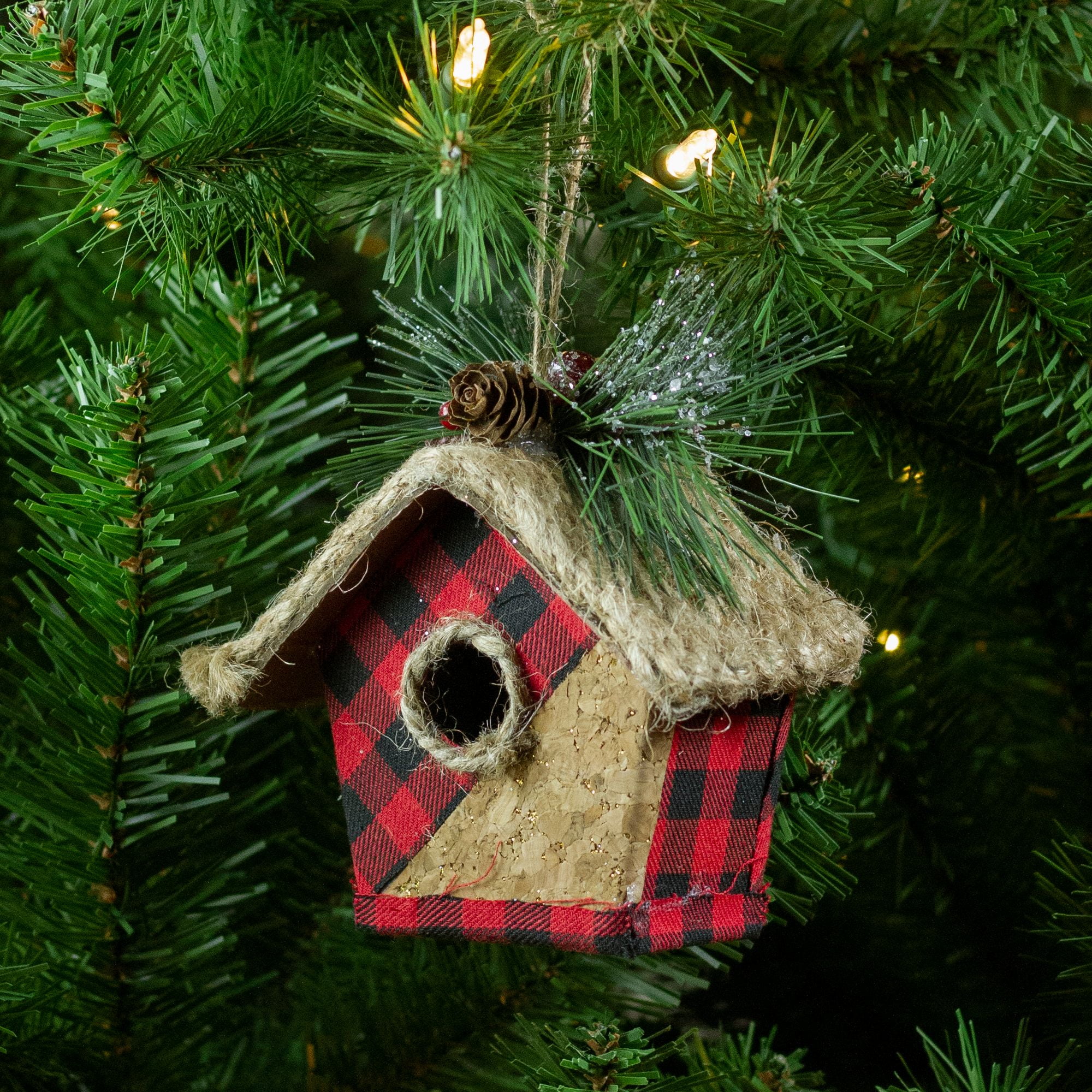 5.75" Red and Black Buffalo Plaid Hanging Bird Tree Christmas Ornament