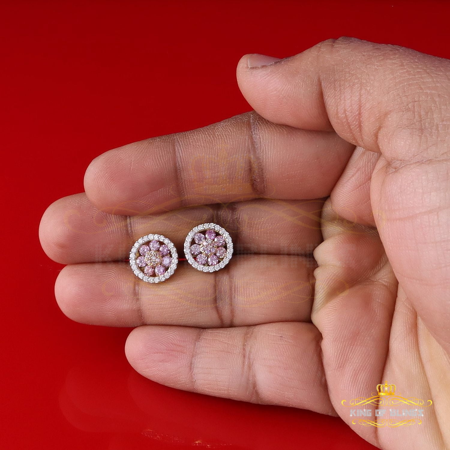 King of Bling's 925 Silver Yellow 1.50ct VVS D Pink Moissanite Round Men's/Women's Stud Earrings