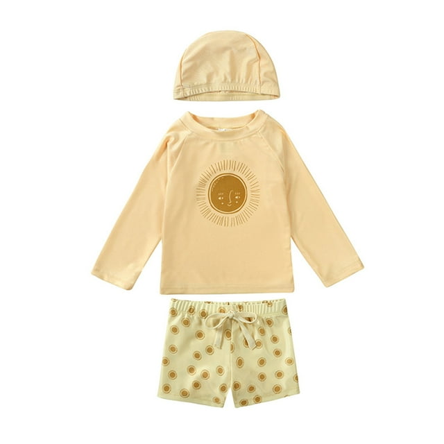 Hiiyo Infant Boys 3 Piece Swimsuit Long Sleeve Rash Guard Shorts Quick Dry Bathing Suit with Sun Cap