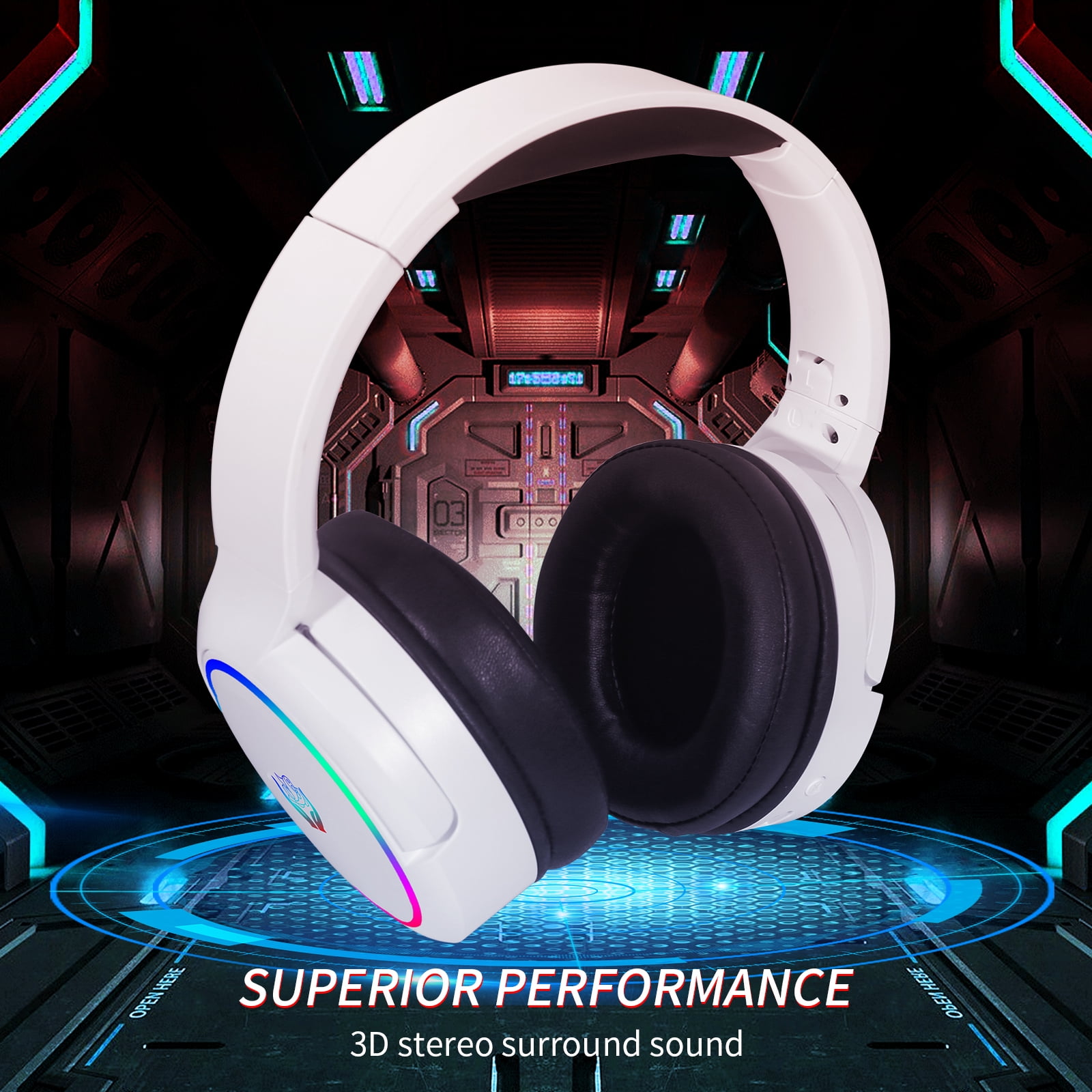 HUO JI 2.4G/Bluetooth Wireless Gaming Headset with Noise Cancelling Microphone, RGB Light, USB-C/USB-A/3.5mm Wired, Stereo Sound, Adjust Headband, Portable Foldable for PC,PS5, PS4, Xbox Series, White
