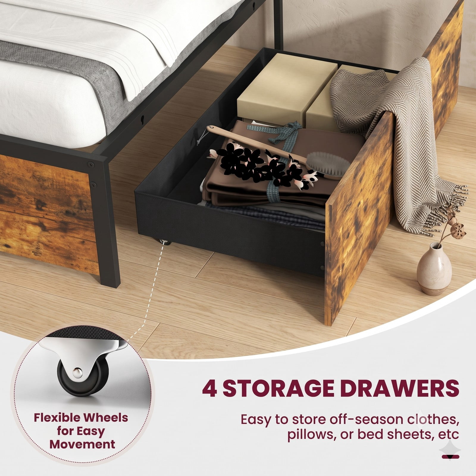 Furnibear Twin Bed Frame with Storage and LED Lights, Upholstered Platform Bed Frame with Headboard and 4 Drawers, Rustic Brown