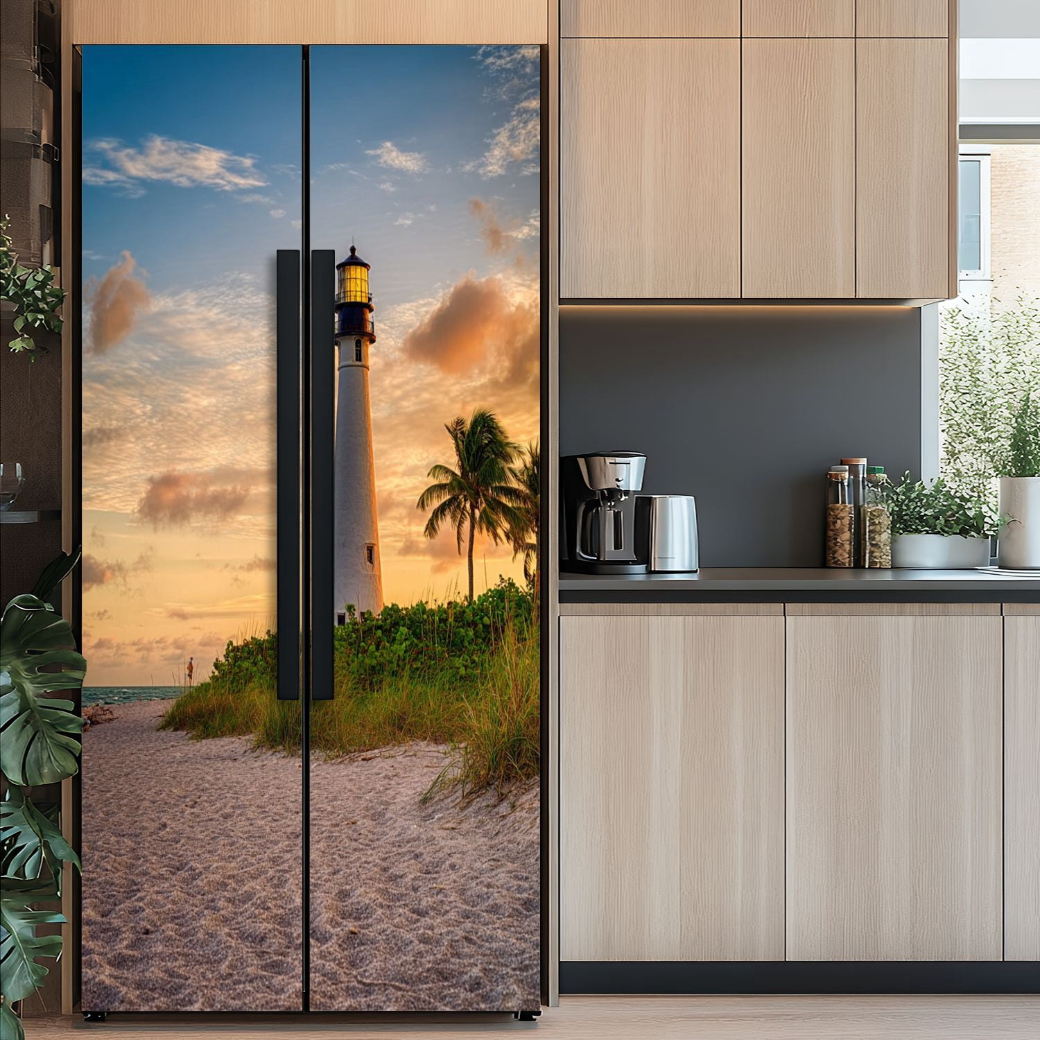 Self Adhesive Vinyl Refrigerator Wrap Set Cape Florida Lighthouse Lantern Park Florida Door Mural Removable Fridge Sticker Peel and Stick&nbsp;Full Door Cover Decal Kitchen Bar Decor