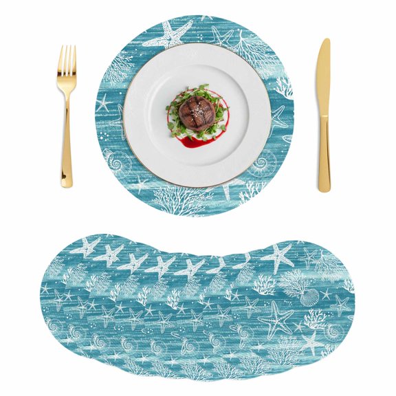 Teal Coastal Round 15 Inch Placemats Set of 8, Summer Ocean Sea Waves Starfish Corals HeatResistant Non Slip Place Mats for Dining Table, Wipeable Braided Kitchen Table Mats for Housewarming