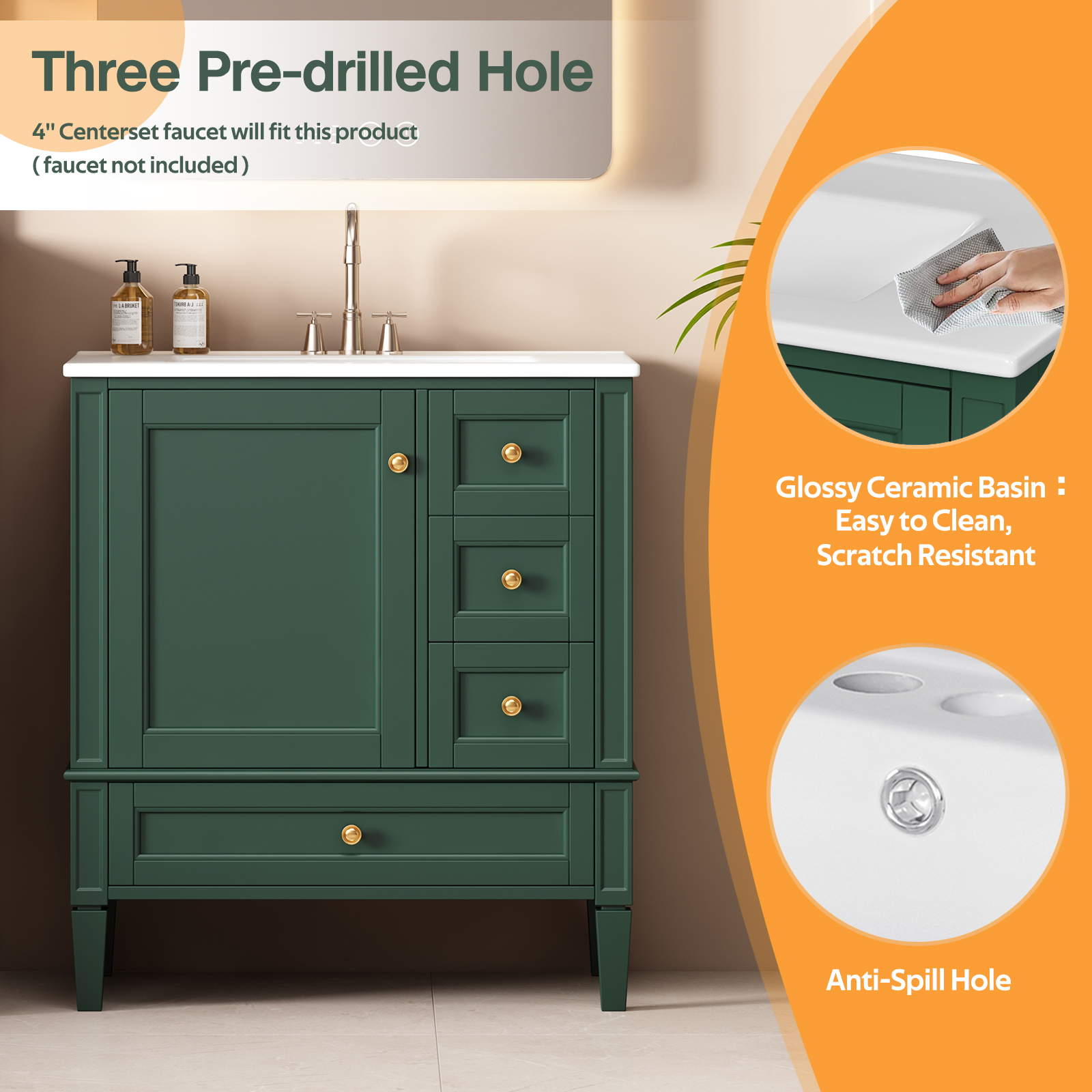 Euroco 30 Inch Bathroom Vanity with Ceramic Sink, Bathroom Vanity with 3 Drawers, Solid Wood Frame Modern Bathroom Storage Cabinet , Ideal for Home