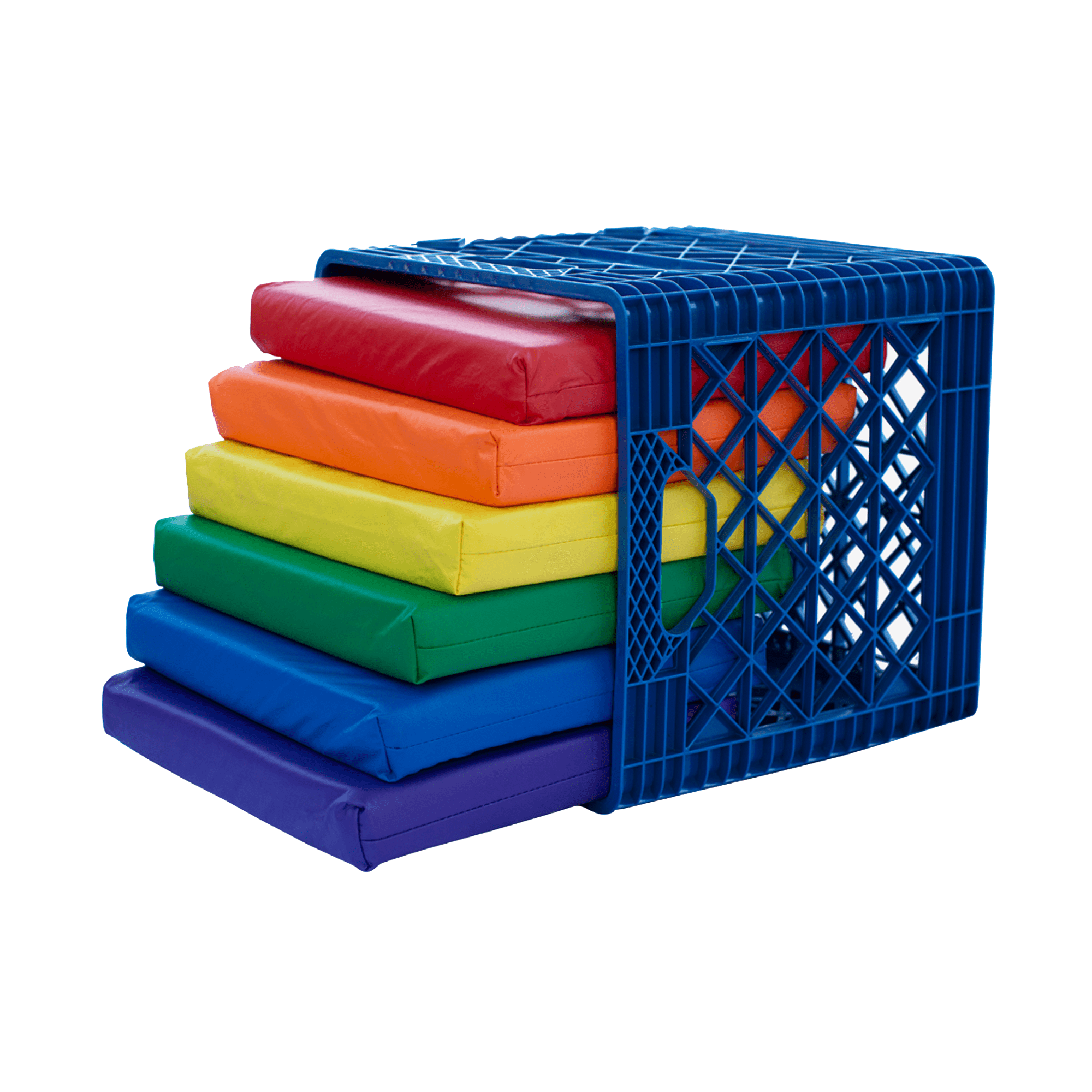 KinderMat, Kindercrate, Blue, 6 Pack of 13.5" Kindercushions & Container, 2" Thick Squares Story Time Cushions, Alternative Seating