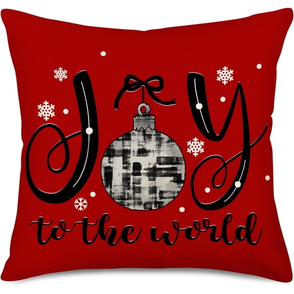 Joy to The World Pillow Covers 20x20 Inch Red Black White Buffalo Plaid Christmas Jingle Bells Snowflake Farmhouse Decoration Throw Pillow Cases Cotton Linen Winter Holiday Pillow Sham