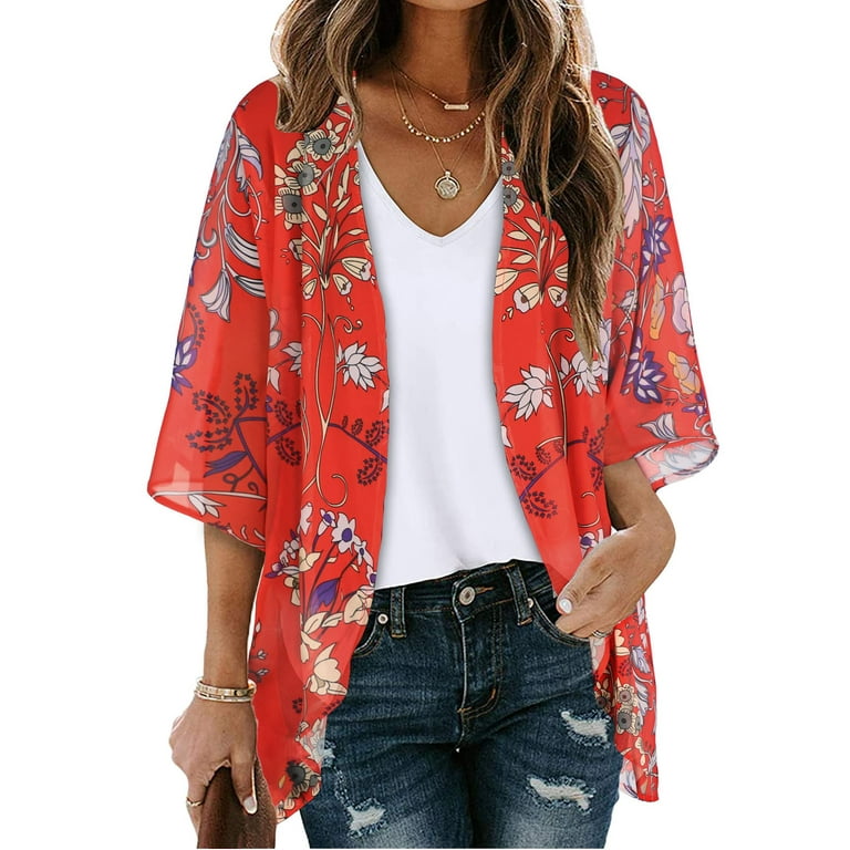 Red floral kimono cardigan sale