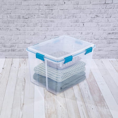 Sterilite 19384304 80 Quart/76 Liter Gasket Box, Clear Lid & Base w/ Blue Aquarium Latches & Gasket, 4-Pack
