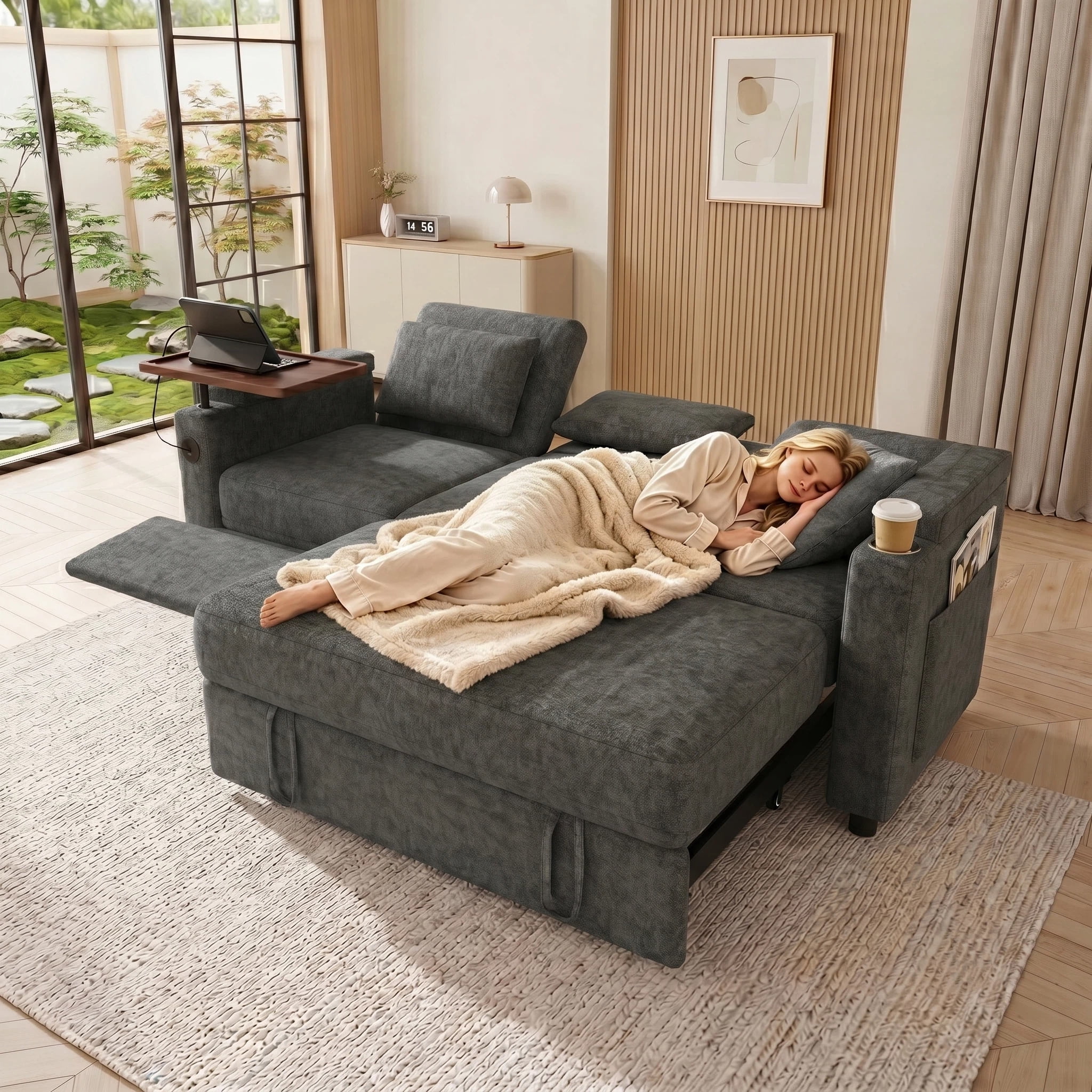 AISWORD 83" 3-in-1 Convertible Pull Out Sofa Bed, 6 Position Adjustable Sleeper Couch with USB Ports, Laptop Table, Cup Holders & Side Storage Pockets, Grey