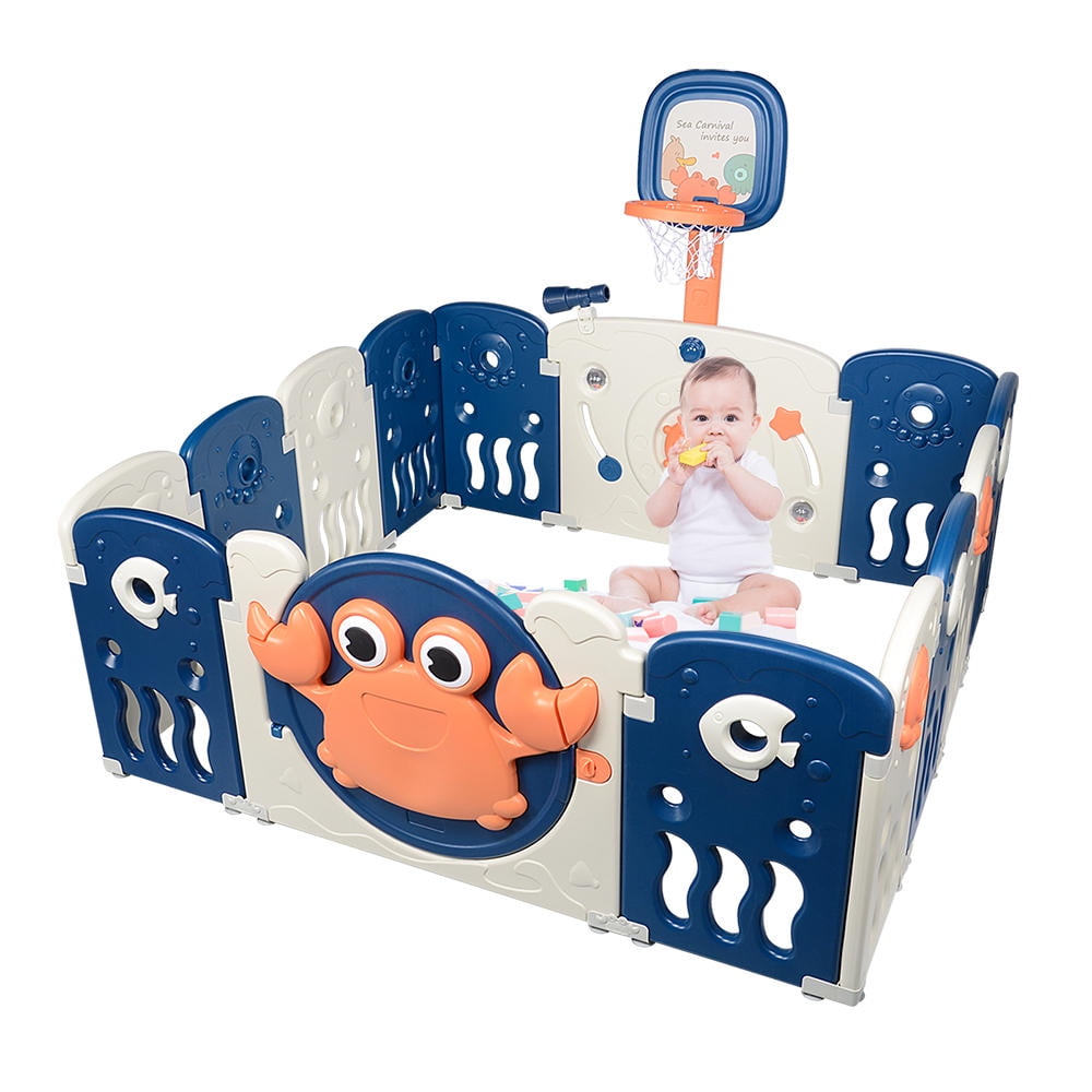 Baby Playpen, 14 Panel Kids play yard with Basketball hoop and