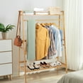 thumbnail image 2 of Costway 2-Tier Bamboo Garment Rack Clothing Storage Organizer Coat Hanger w/ Rod & Hooks, 2 of 10