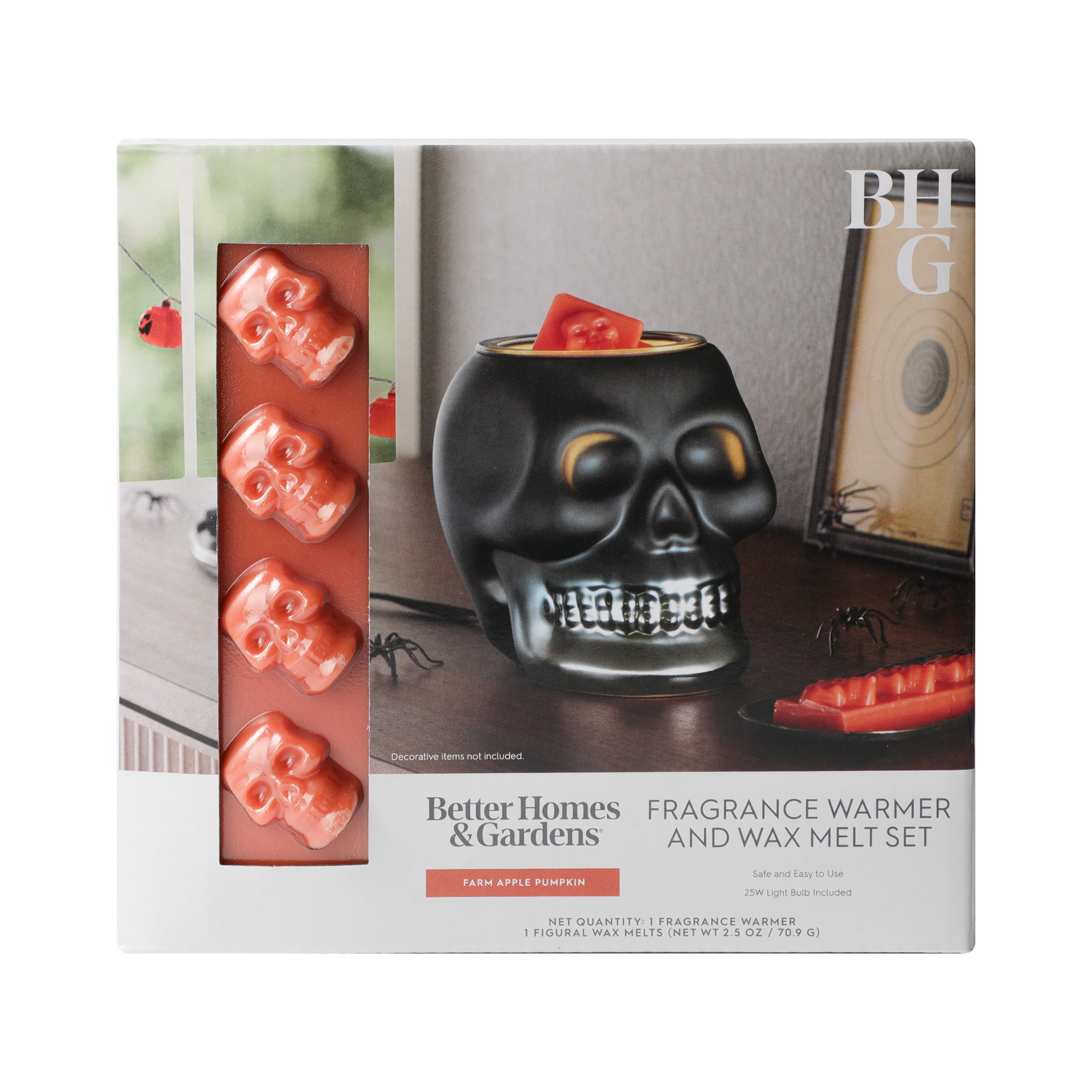 Better Homes & Gardens Halloween Ceramic Electric Plug-in Wax Melt Warmer with Farm Apple Pumpkin Wax Melts, Ombre Skull