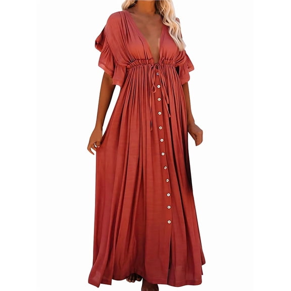 Women'S Casual Summer Beach Dress Ruffle Maxi Dress Button Down Boho Dress Long Tunic Orange  size