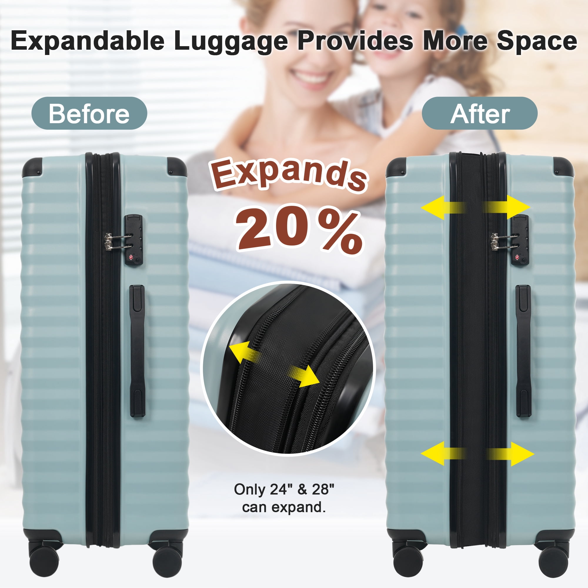 Euroco 5 Piece Luggage Sets Front Opening,Expandable Hardshell Suitcase with Spinner Wheels,2 Bags and TSA Lock,Lightweight Carry on Luggage with USB Port and Cup Holder(20"/24"/28"),Light Blue