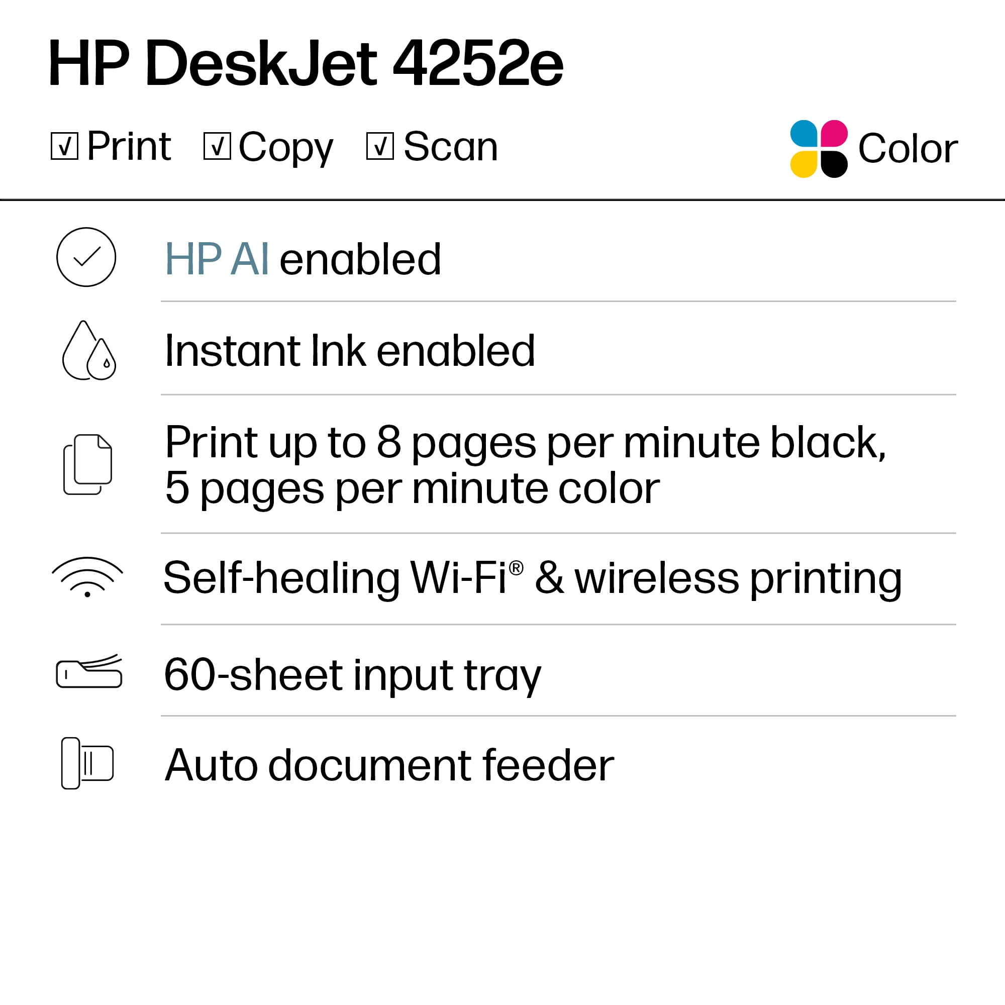 HP DeskJet 4252e Wireless All-in-One Color Inkjet Printer (White), Scanner, Copier, 3 months Free Instant Ink