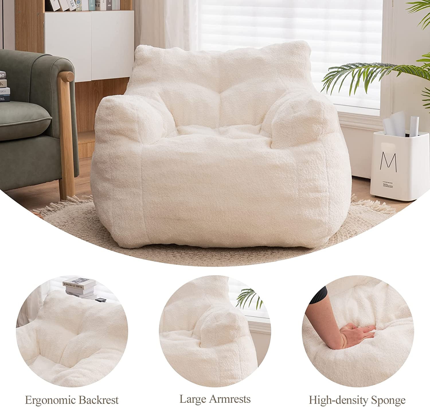 Sumdeal Soft Tufted Foam Bean Bag Chair For Adults, Fluffy Lazy Sofa Teddy Fabric Bean Bags Comfy Couch, Stuffed Bean Bag Sofa Reading Chair Lounge Chair for Bedroom, Living Room, Apartment, Ivory