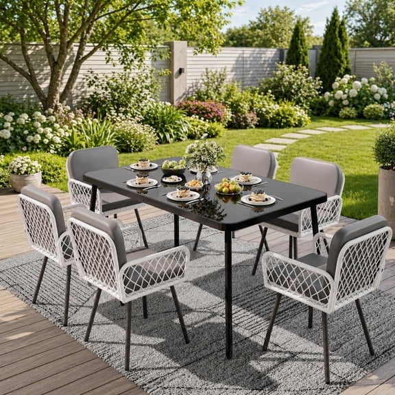 7-Piece Outdoor Dining Set for 6 Black Metal Table Tempered Glass Wicker Chairs