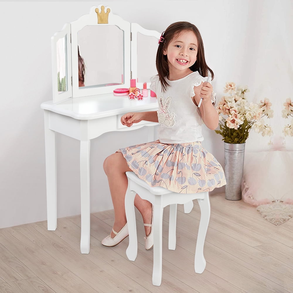 Kepooman Modern Kids Wooden Vanity Table Set with Tri-Fold Mirror & Chair, Child' s Princess Dressing Table & Stool Set, White Kepooman Modern Kids Wooden Vanity Table Set with Tri-Fold Mirror & Chair, Child' s Princess Dressing Table & Stool Set, White