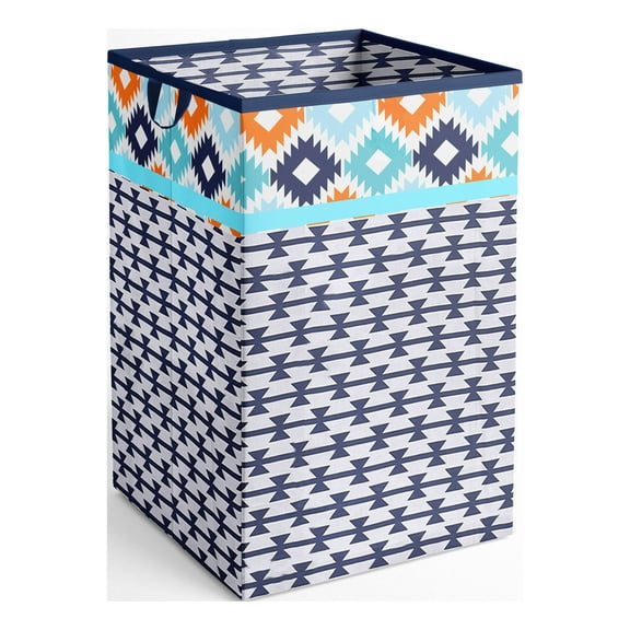 Bacati Collapsible Cotton Percale Fabric Laundry Hamper, Aztec Liam Aqua