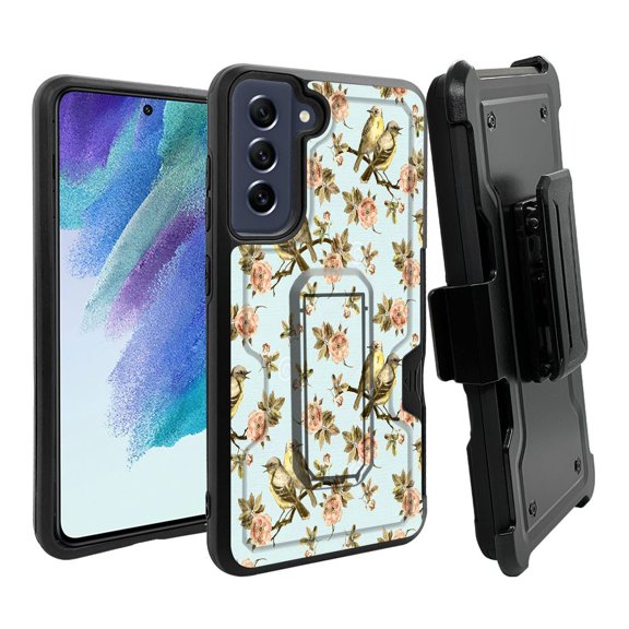 ANJ  Rugged Dual Layer Hybrid Holster Kickstand Case w/ Card Slot   Tempered Glass Cover for Samsung Galaxy S21 FE 5G - Birds on Tree