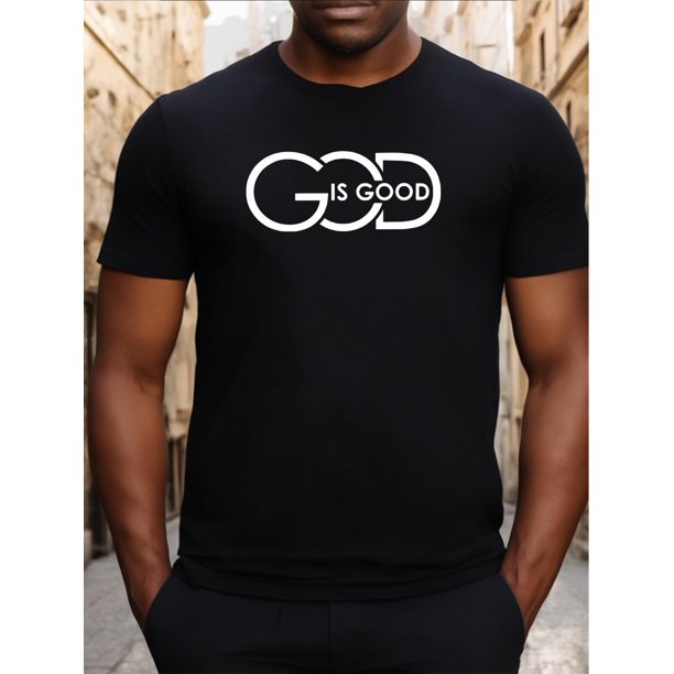 Men's Fashion Round Neck Short Sleeve, God Is Good Printed T-shirt, Summer Men's Wear, Regular Fit, Slight Stretch, Breathable and Comfortable, Suitable for Daily Wear, Vacation, Street, Sports