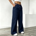 thumbnail image 7 of Cagogo Women's Wide Leg Drawstring Trousers Flowy Casual Loose Pants with Pockets Solid Long Palazzo Trousers Travel Work Lounge Outfits Fall Clothes, Dark Blue M, 7 of 7