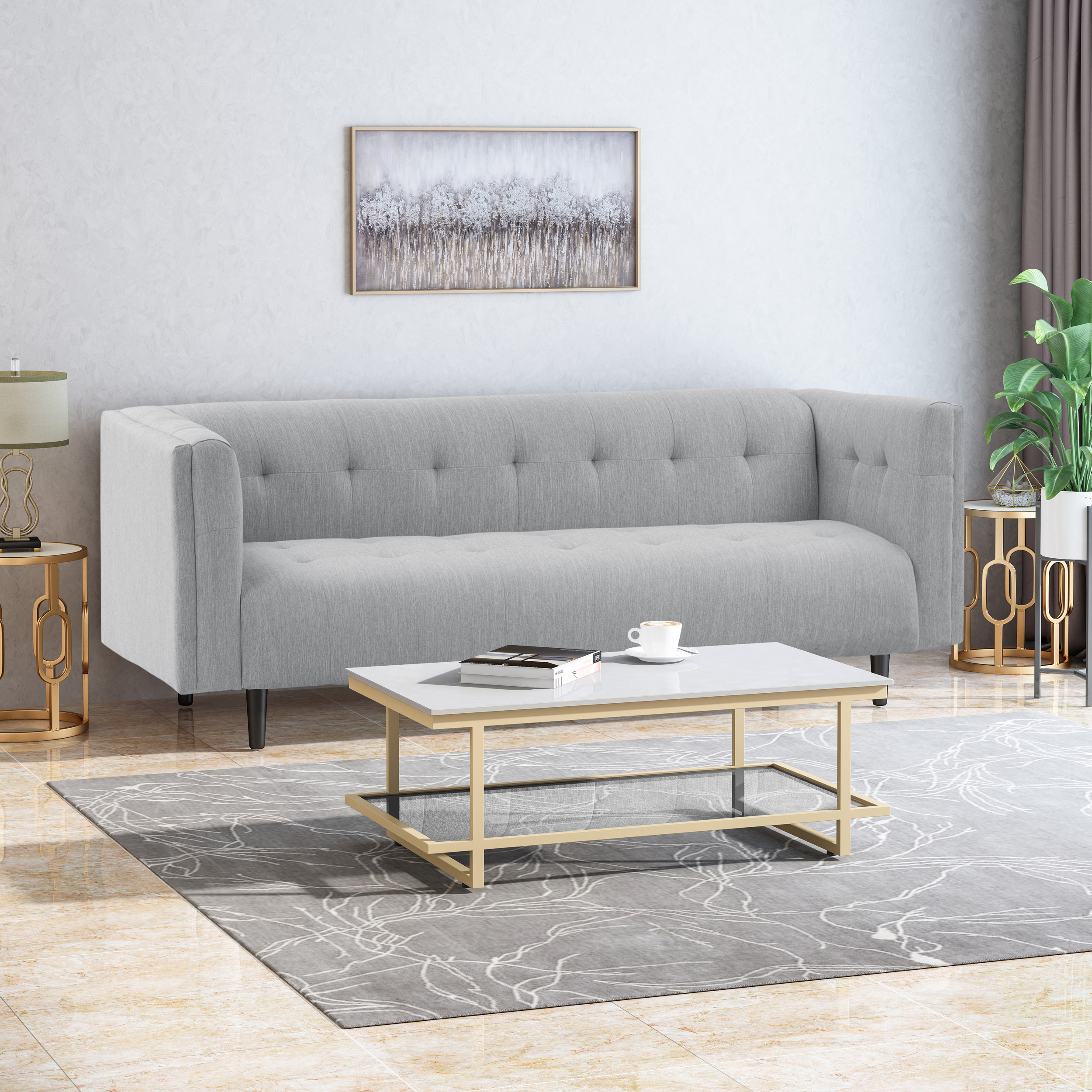 Lagom Fabric Upholstered Sofa, Light Gray, Dark Brown - image 1 of 9