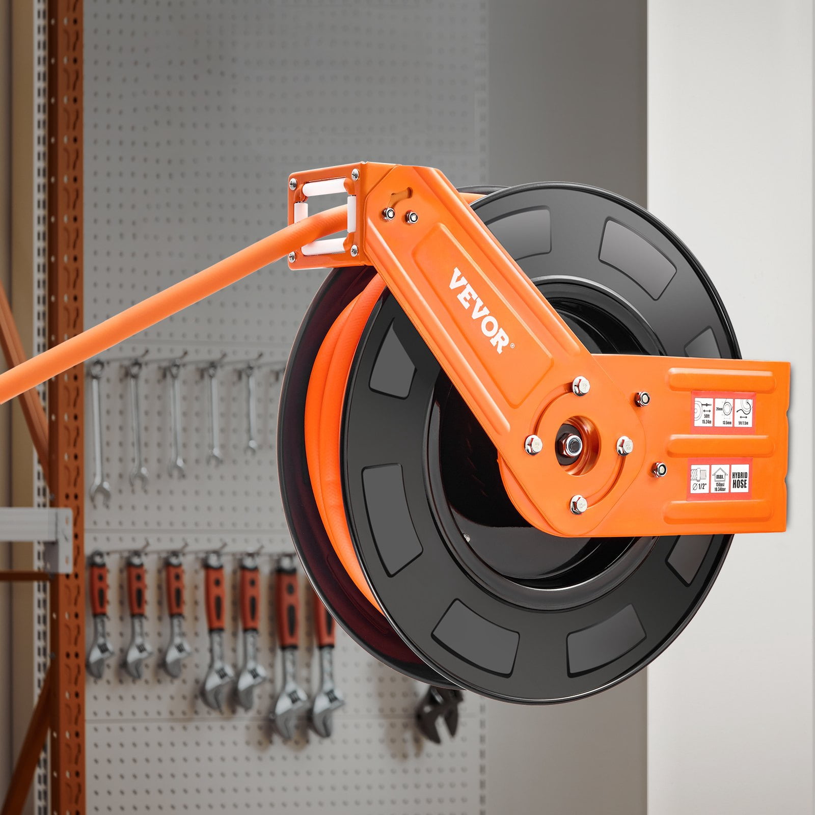 VEVOR Retractable Air Hose Reel, 1/2 IN x 50 FT Hybrid Air Hose Max 300PSI, Air Compressor Hose Reel Auto-Rewind with 5FT Lead in, Ceiling/Wall Mount Heavy Duty Single Arm Steel Reel, 1/2" NPT Fittin