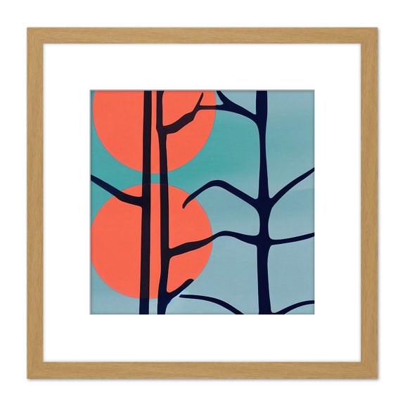 Dark Tree Outline Modern Pattern Detail With Two Suns Coral And Teal Square Wooden Framed Wall Art Print Picture 8X8 Inch