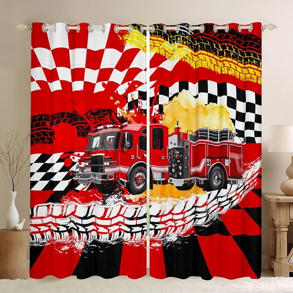 Castle Fairy Bold Fire Truck Black Out Curtains for Kids, Bright Engine Graphic Curtains Pack of 2 (42x63 Each) for Modern Room, Red
