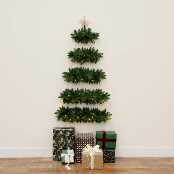 Nearly Natural Pre-Lit Artificial Wall Hanging Christmas Tree - 5' - Warm White LED Lights