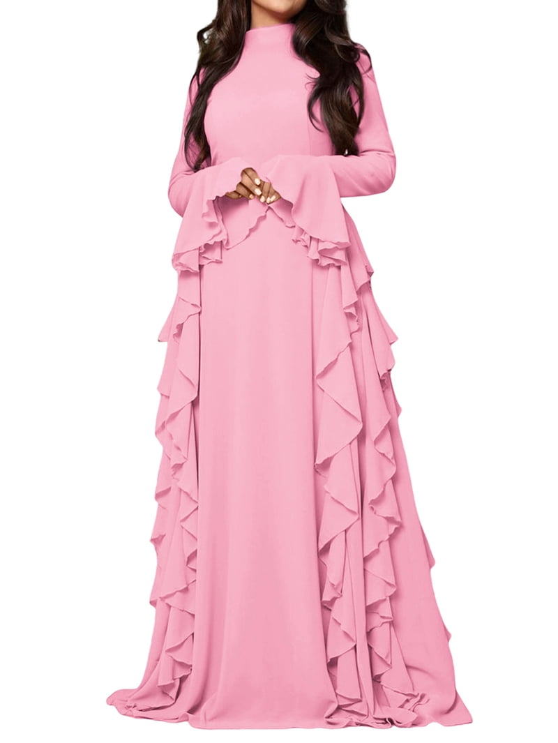 Women'S Bodycon Dresses Elegant Bell Sleeve Ruffle Hem Cocktail Party Long Dress Pink L
